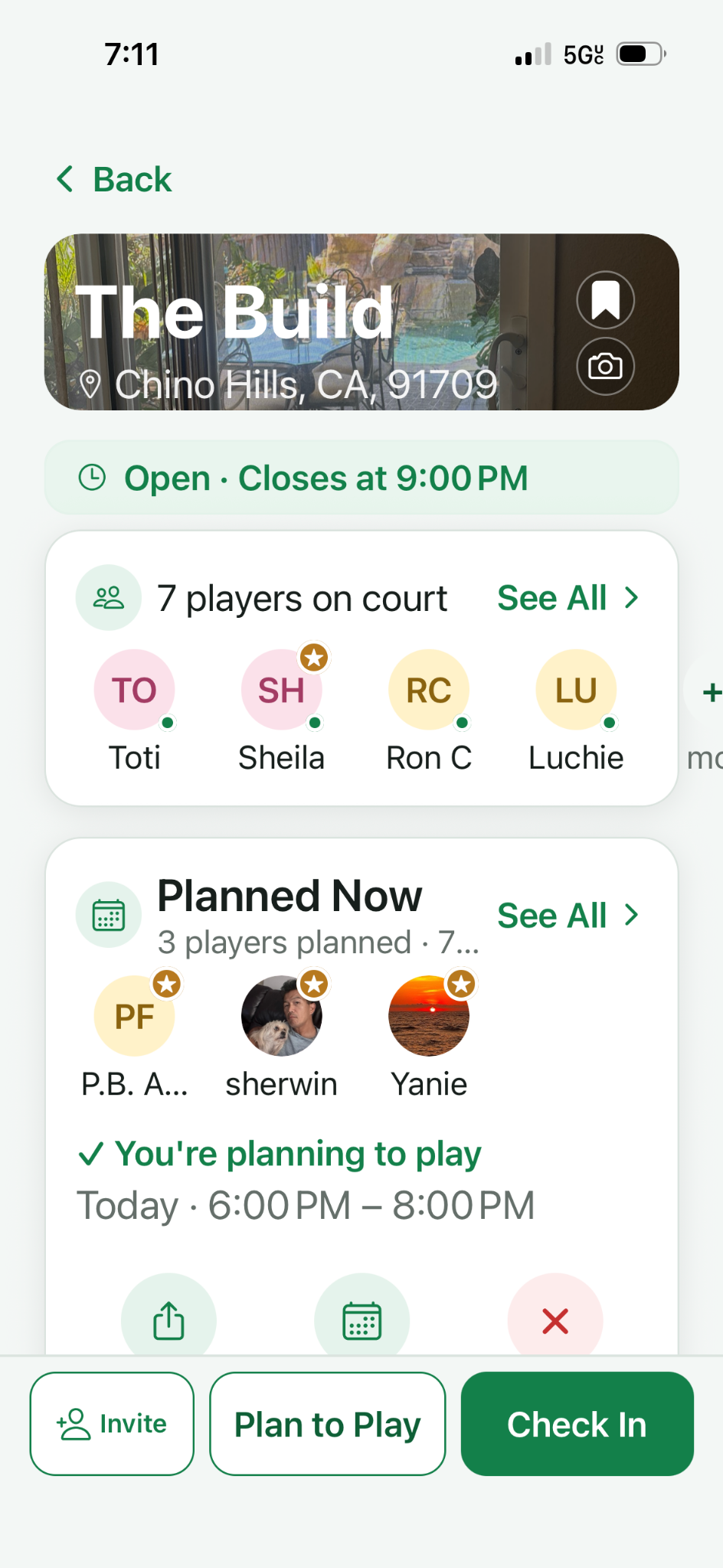 PickleCheck location page showing current players, scheduled players, and check-in controls